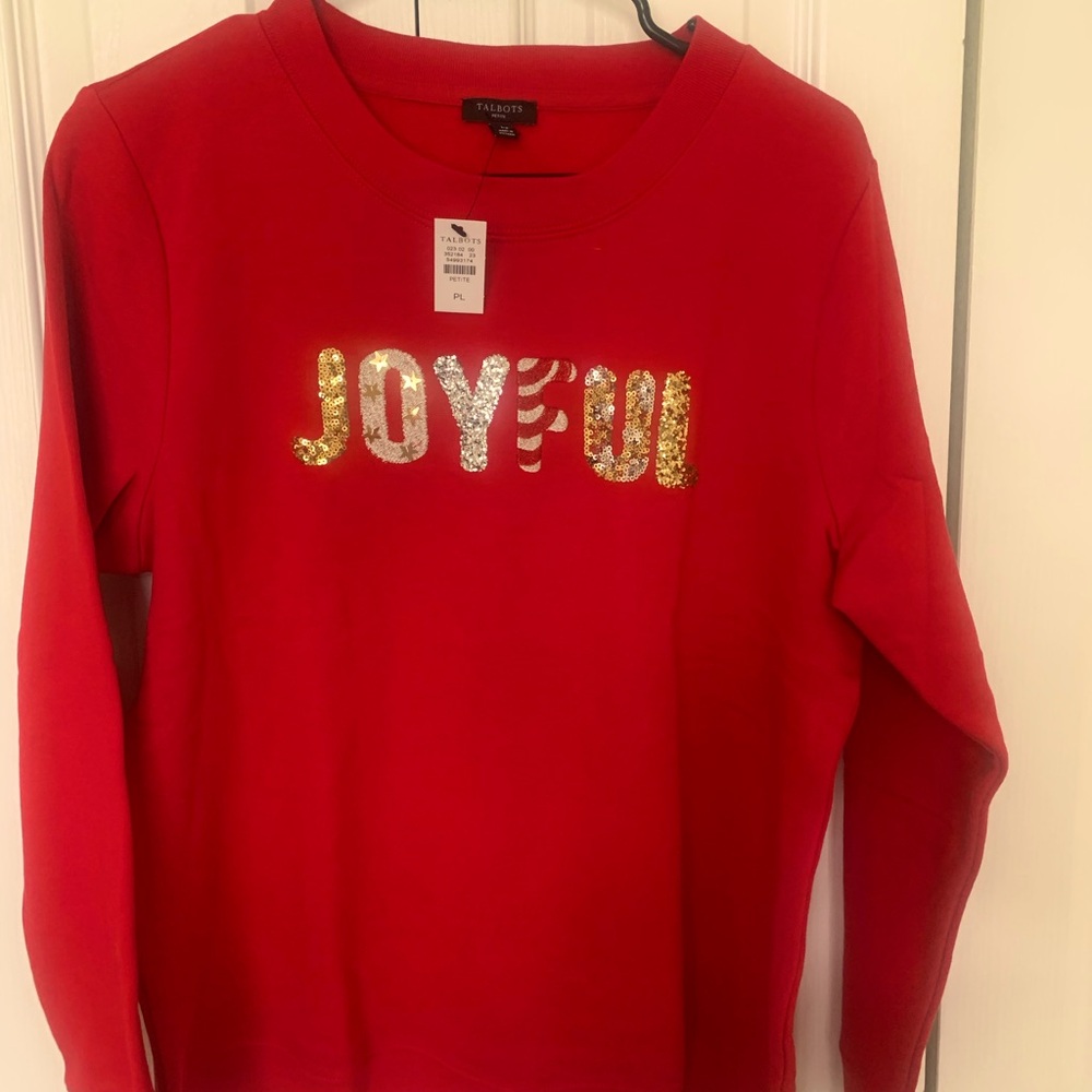 Talbots Christmas Sequined “Joyful” Red Sweatshirt in Petite Large.